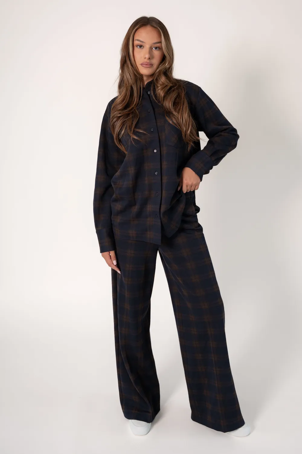 Corel Lior Wide Leg broek bruin grote ruit