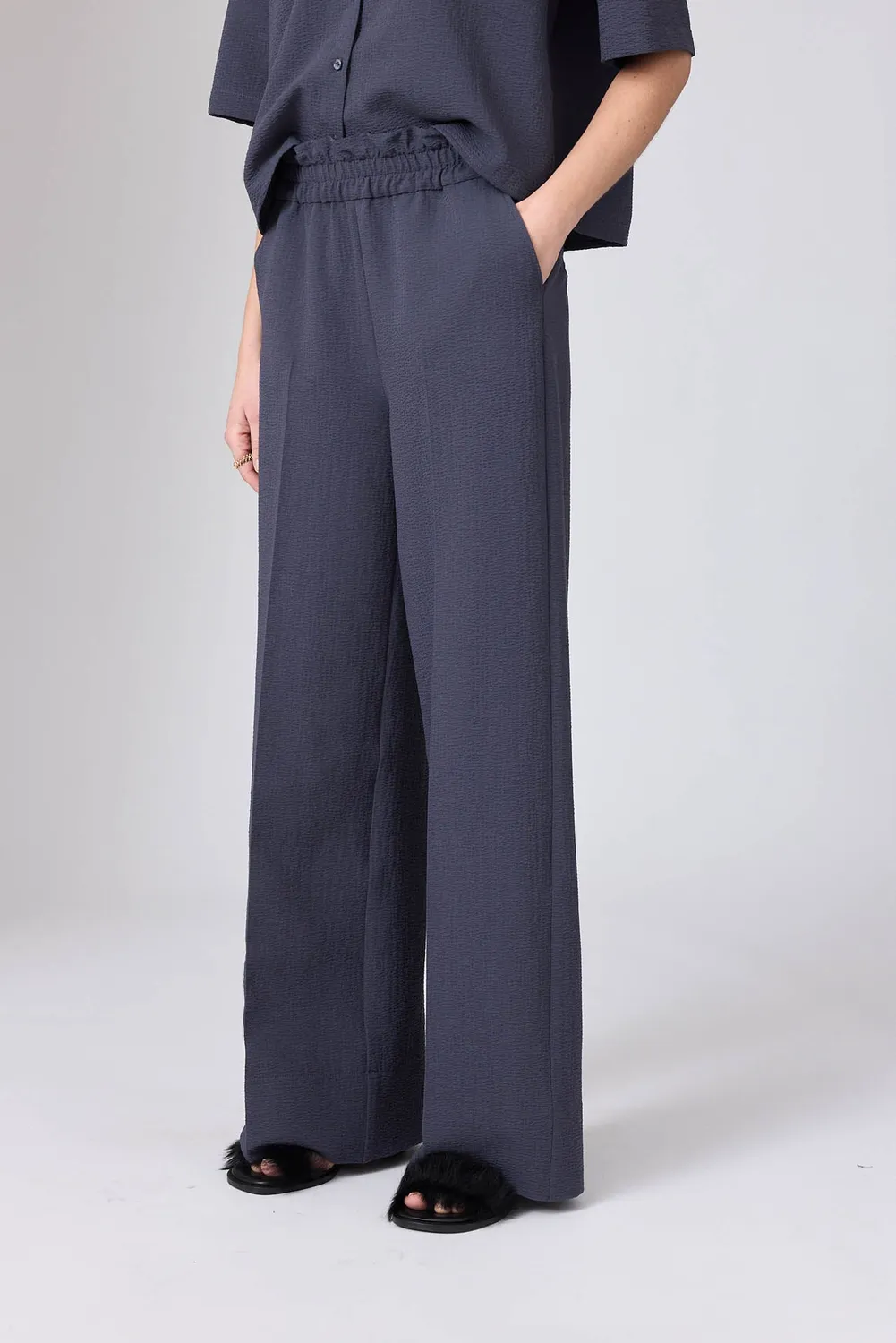 Corel Jaclynn Seersucker broek Creme wijd