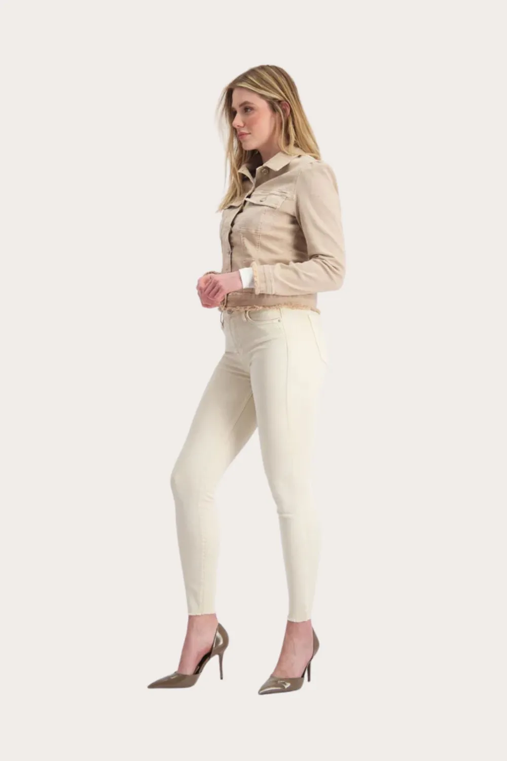 Florez Bobbi Slim Fit jeans Cream gerafelde zoom