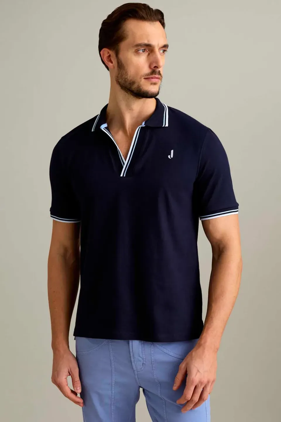 Jeckerson polo korte mouw V-hals piqué donkerblauw