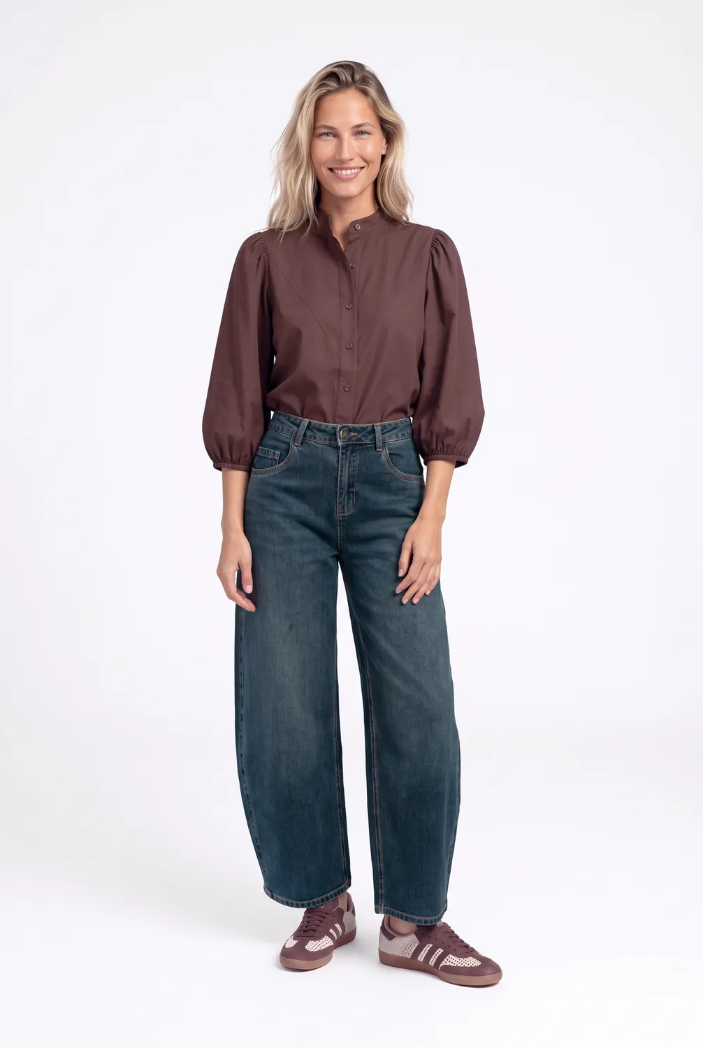 Florez Bibi blouse donkerbruin pofmouw