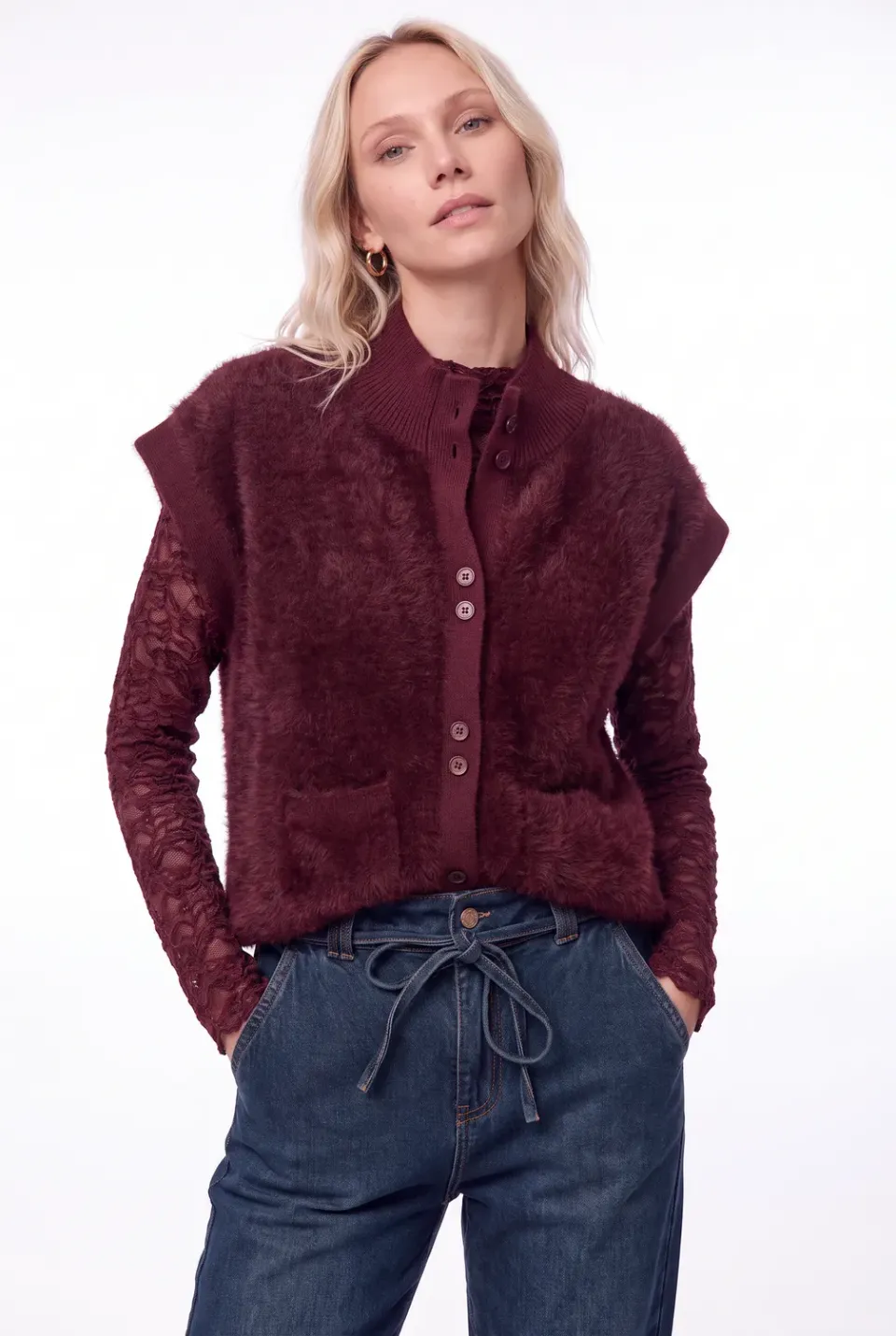 Florez Rocky gilet mauve wine fluffy gebreid