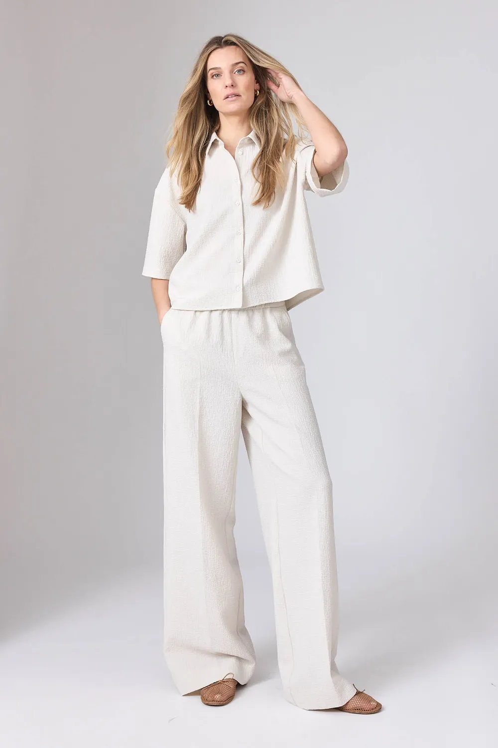 Corel Jaclynn Seersucker broek Creme wijd