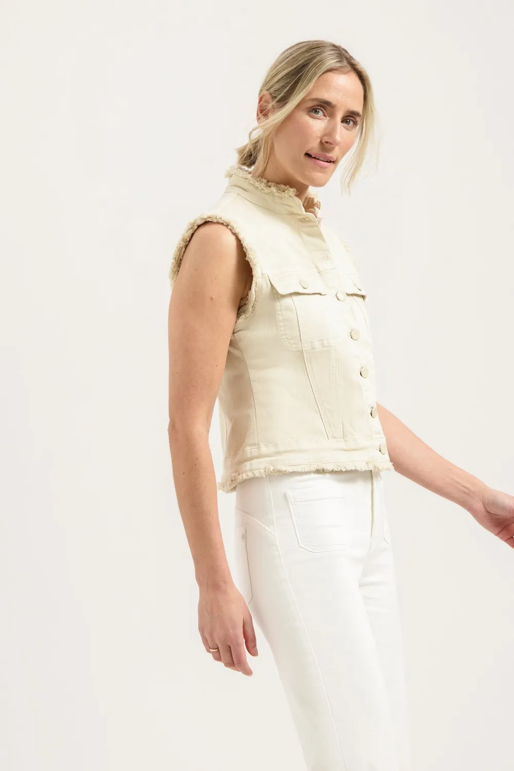 Florez Ginny gilet Cream denim rafels