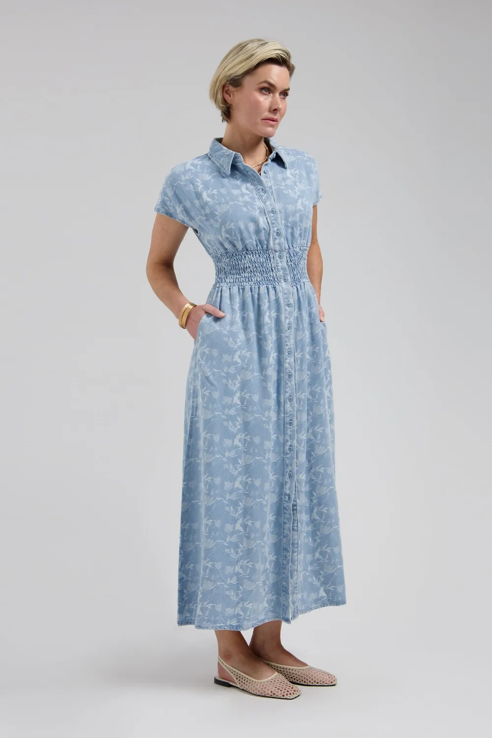 Florez Estelle denim jurk plaited blue gesmokt