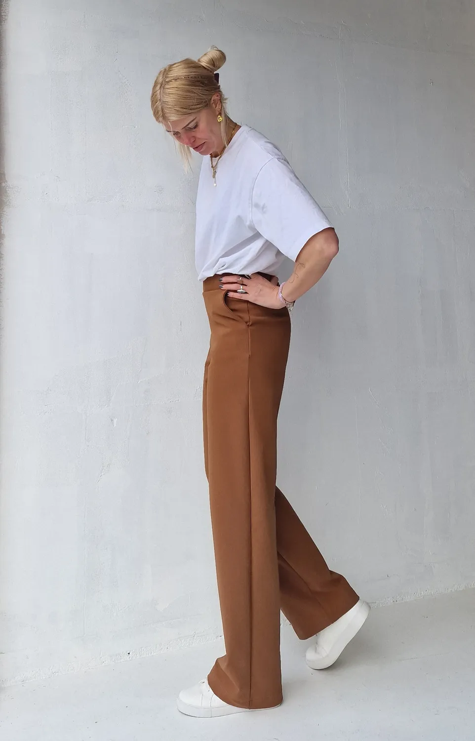 Langeleggings Wide Leg fleece broek camel lengtemaat 34-36