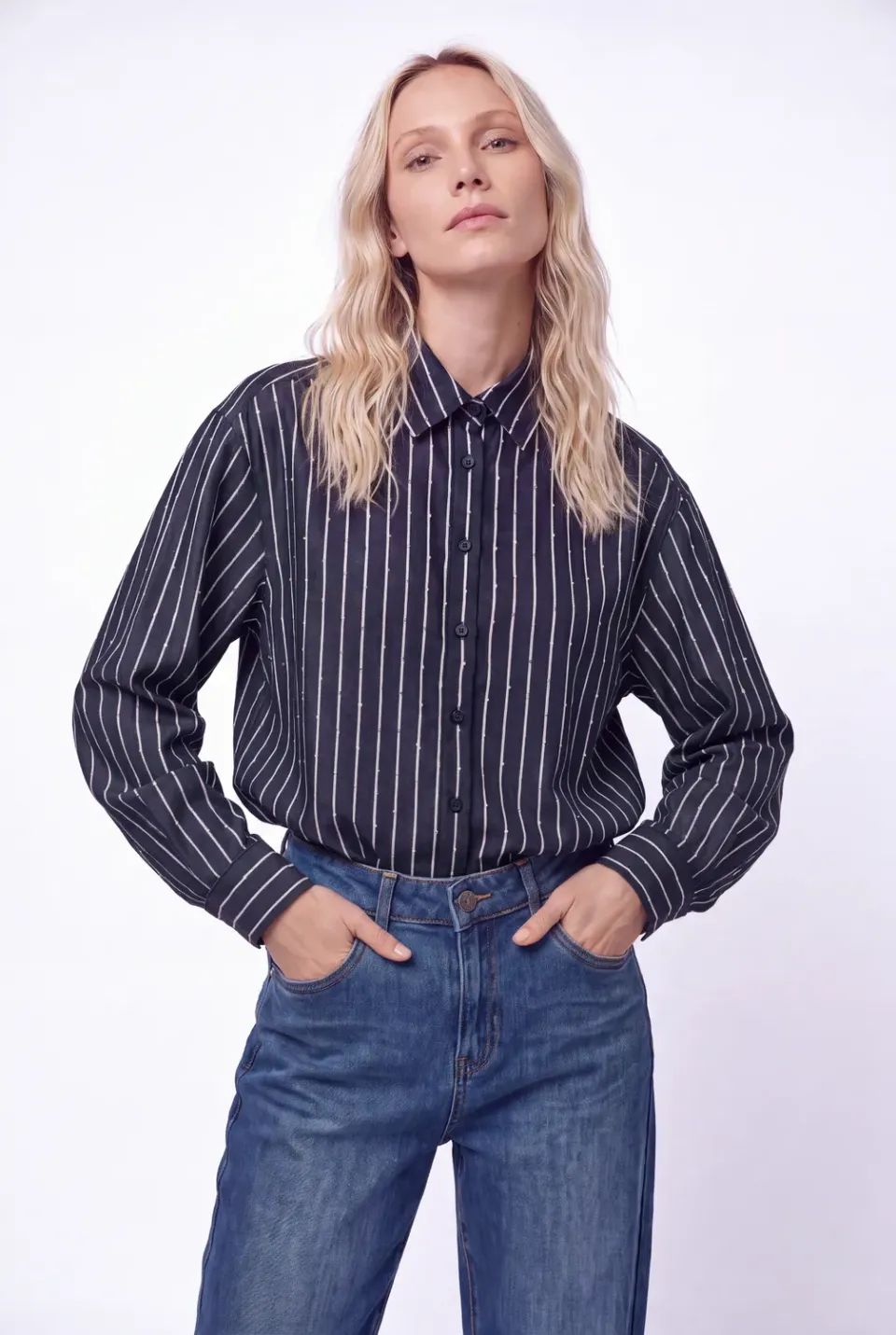 Florez Lone blouse navy blue streep pailletten