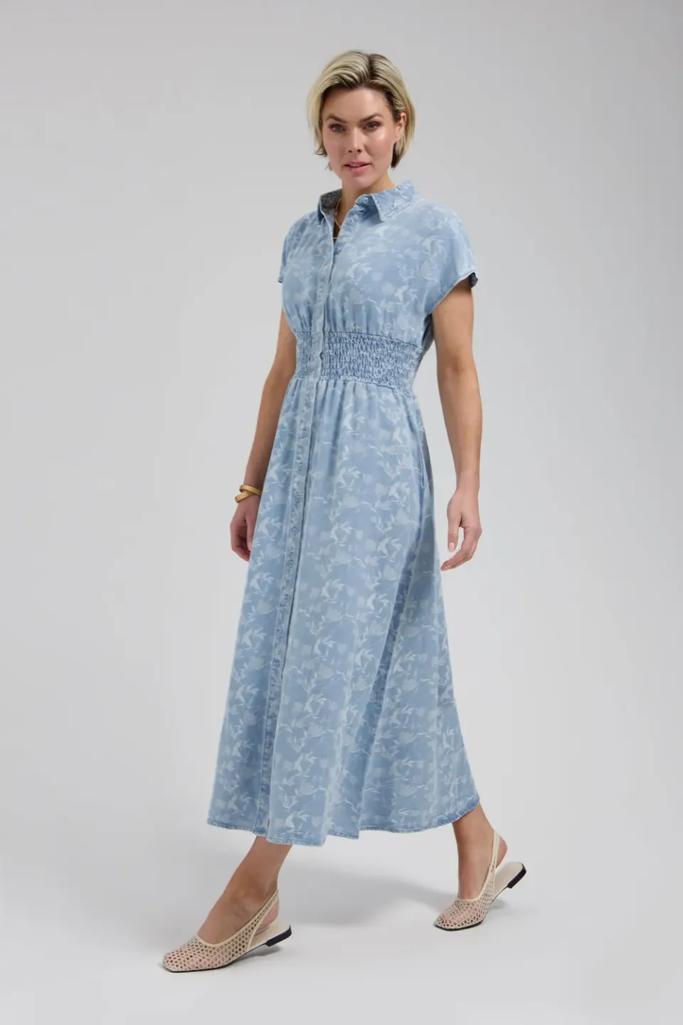 Florez Estelle denim jurk plaited blue gesmokt