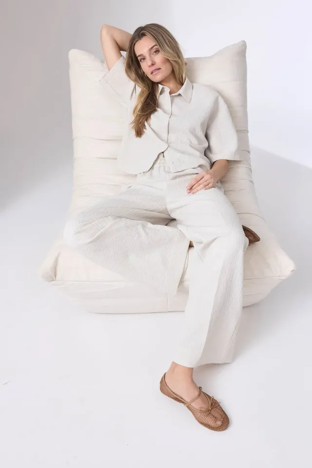 Corel Jaclynn Seersucker broek Creme wijd