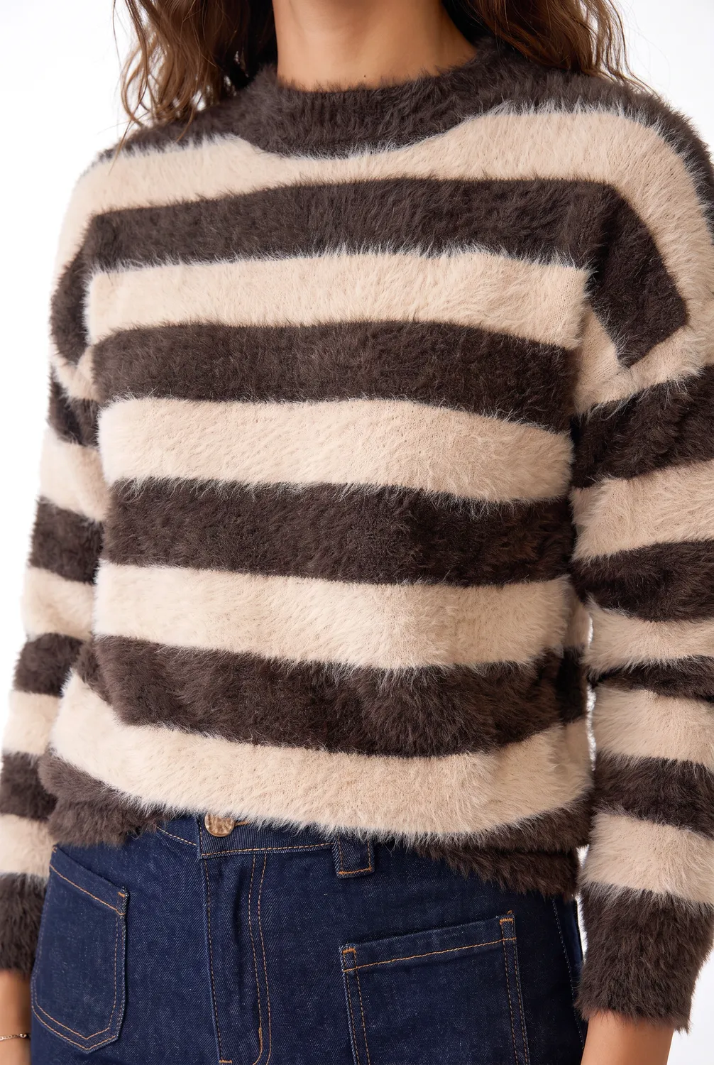 Florez Aurelia Sweater trui Brown Stripe fluffy