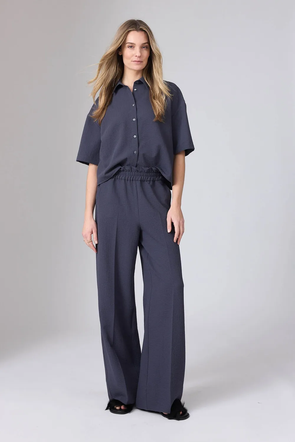 Corel Jaclynn Seersucker broek Creme wijd
