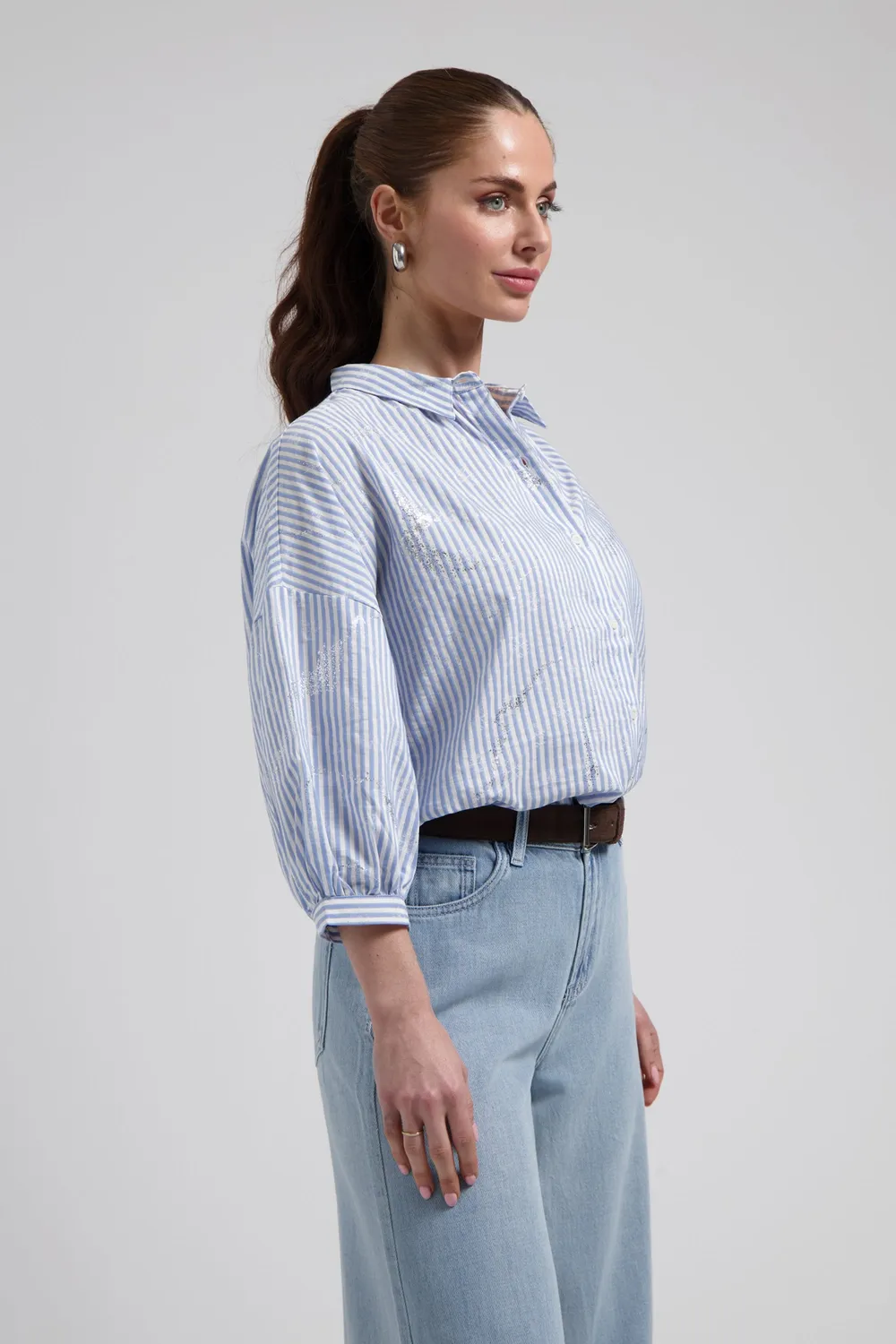 Florez Cath blouse blauw gestreept driekwartmouw