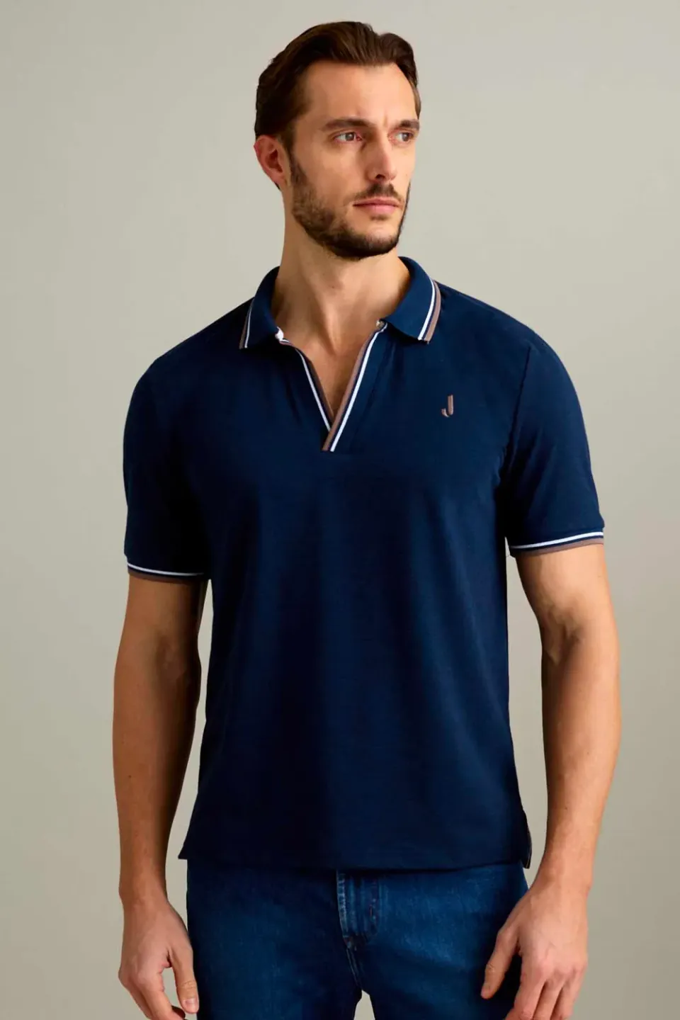 Jeckerson Polo V-Hals Blauw Melange Piqué