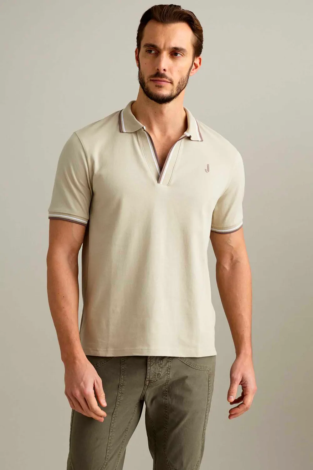 Jeckerson Piquet V-hals poloshirt lichtbeige