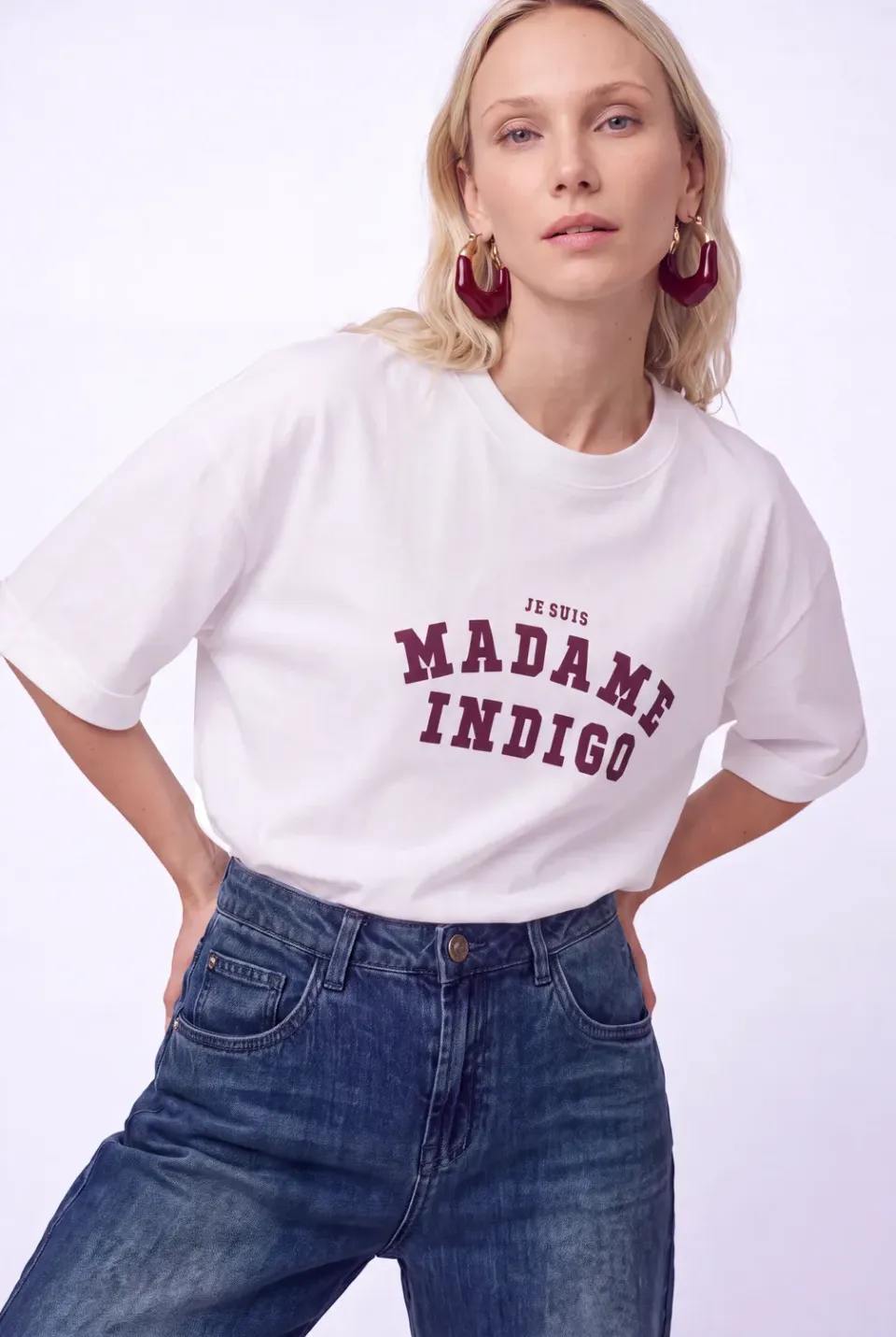 Florez Je Suis T-shirt wit mauve print relaxed
