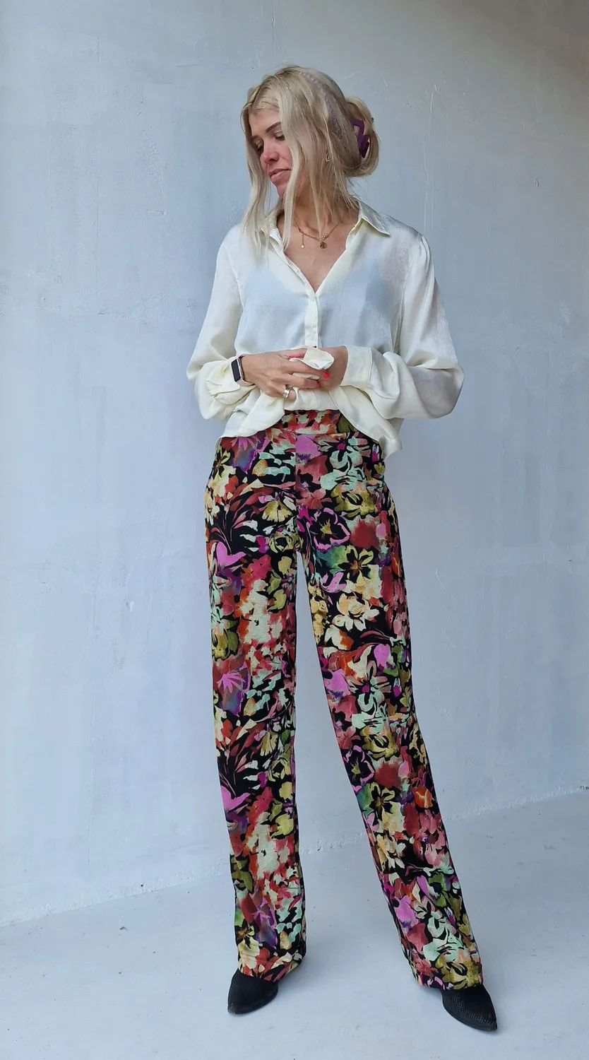 Langeleggings Wide Leg Tall Broek Flowers Black 36
