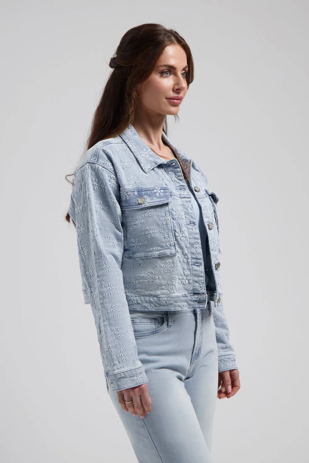Florez Thalia denimjack Bleached Denim bloemen