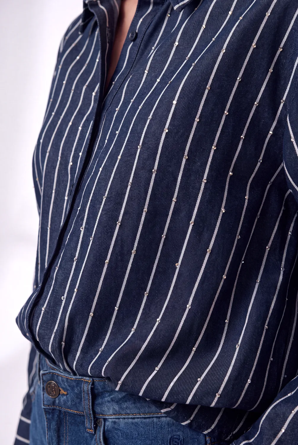 Florez Lone blouse navy blue streep pailletten