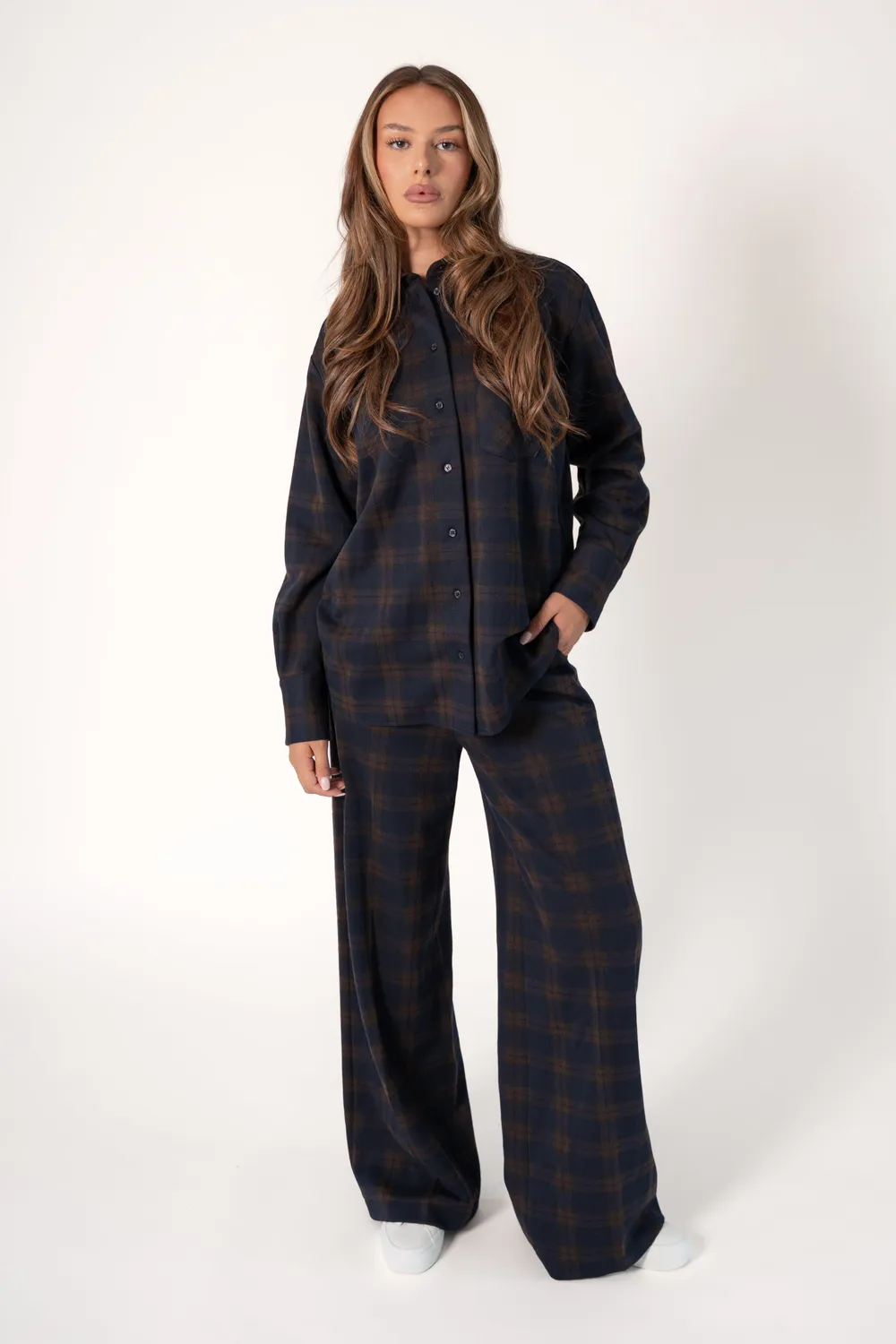 Corel Lior Wide Leg broek bruin grote ruit