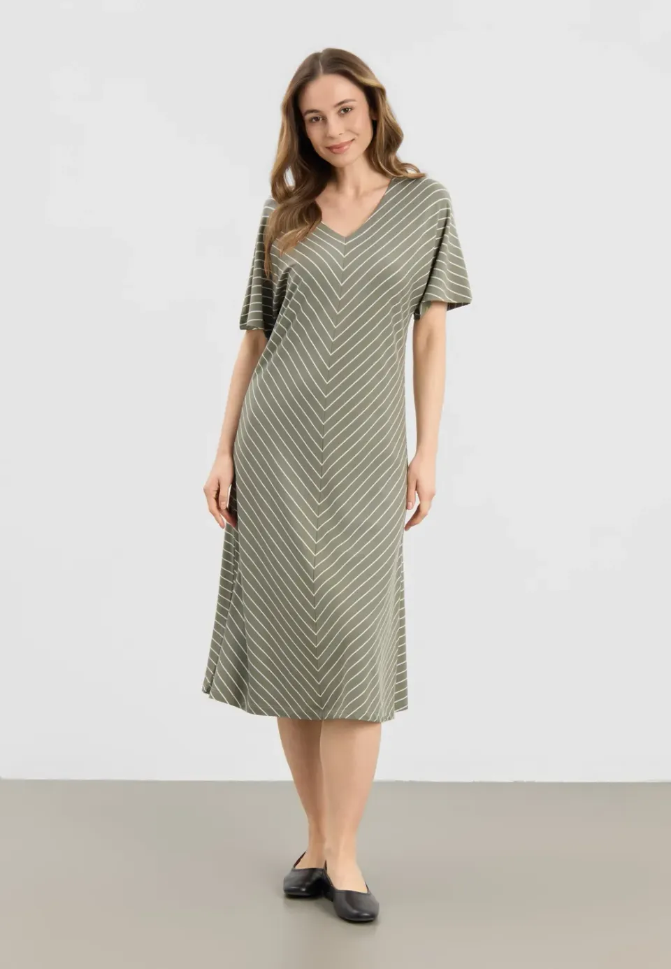 Laurie Ingrid Dress SS jurk khaki stripe V-hals