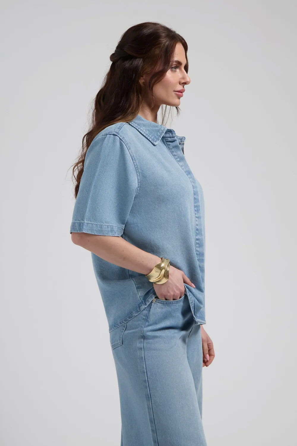 Florez Sylena blouse Mid Blue tencel korte mouw