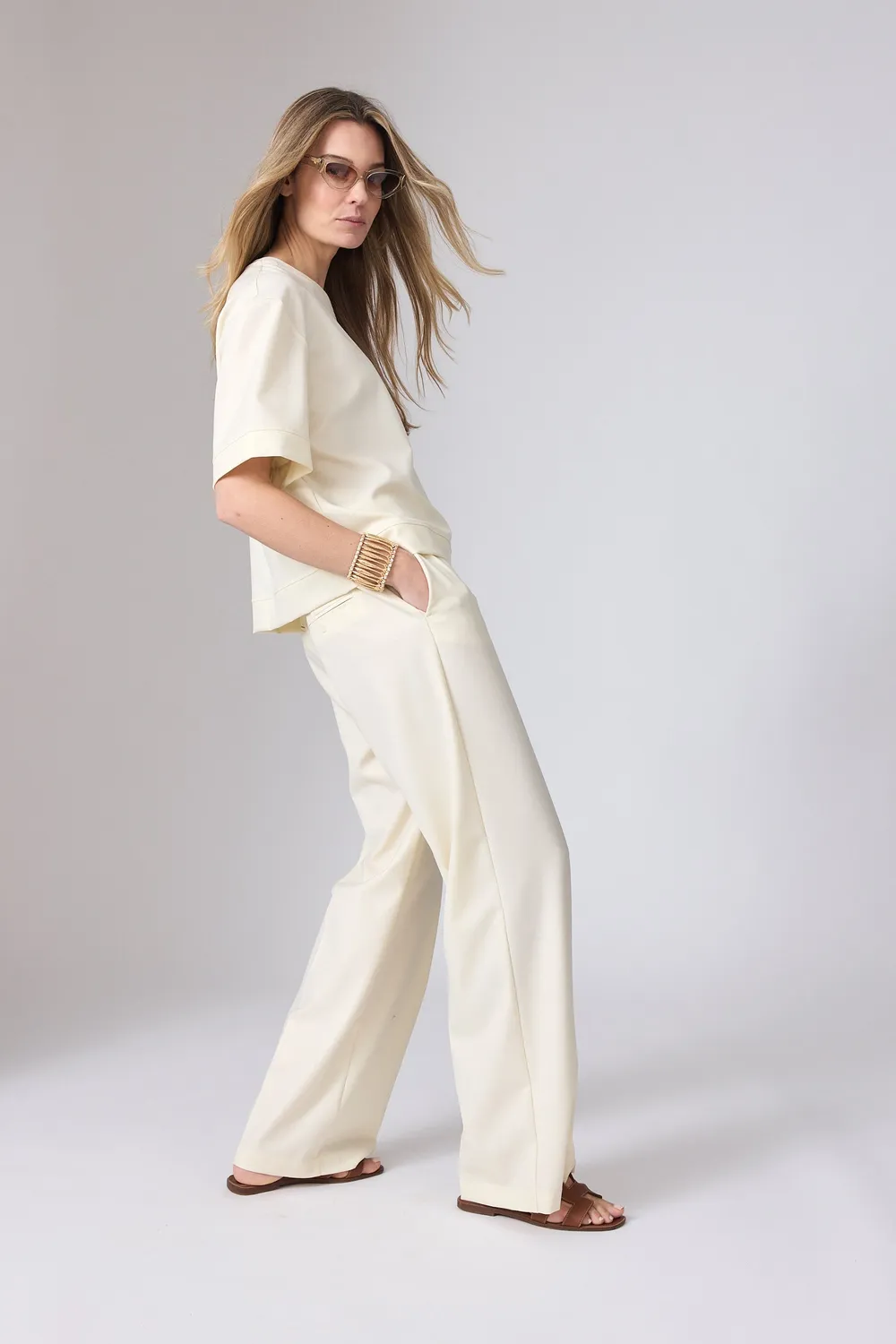 Corel Carmelia Laminato broek ivory relaxte fit