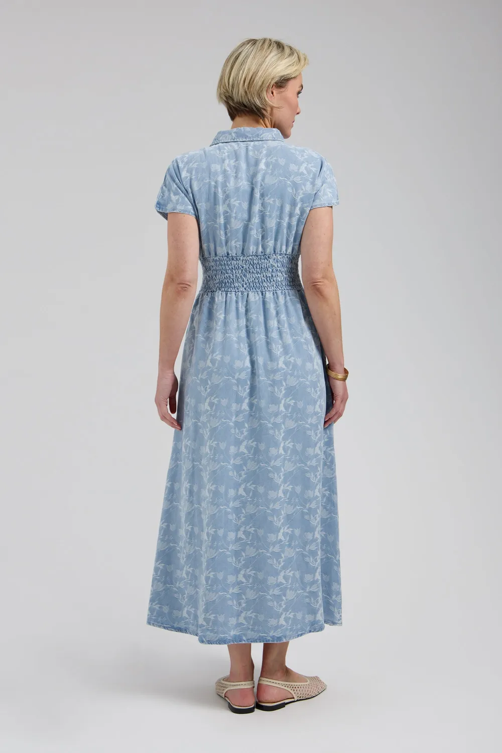 Florez Estelle denim jurk plaited blue gesmokt