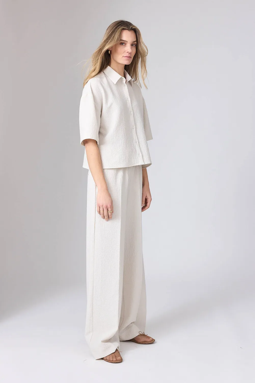 Corel Jaclynn Seersucker broek Creme wijd
