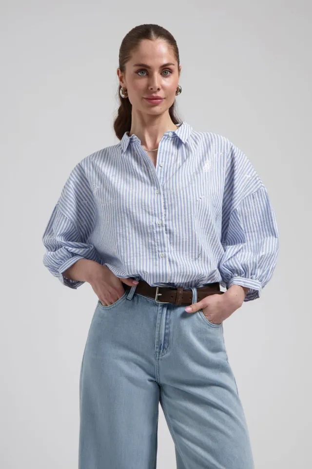 Florez Cath blouse blauw gestreept driekwartmouw