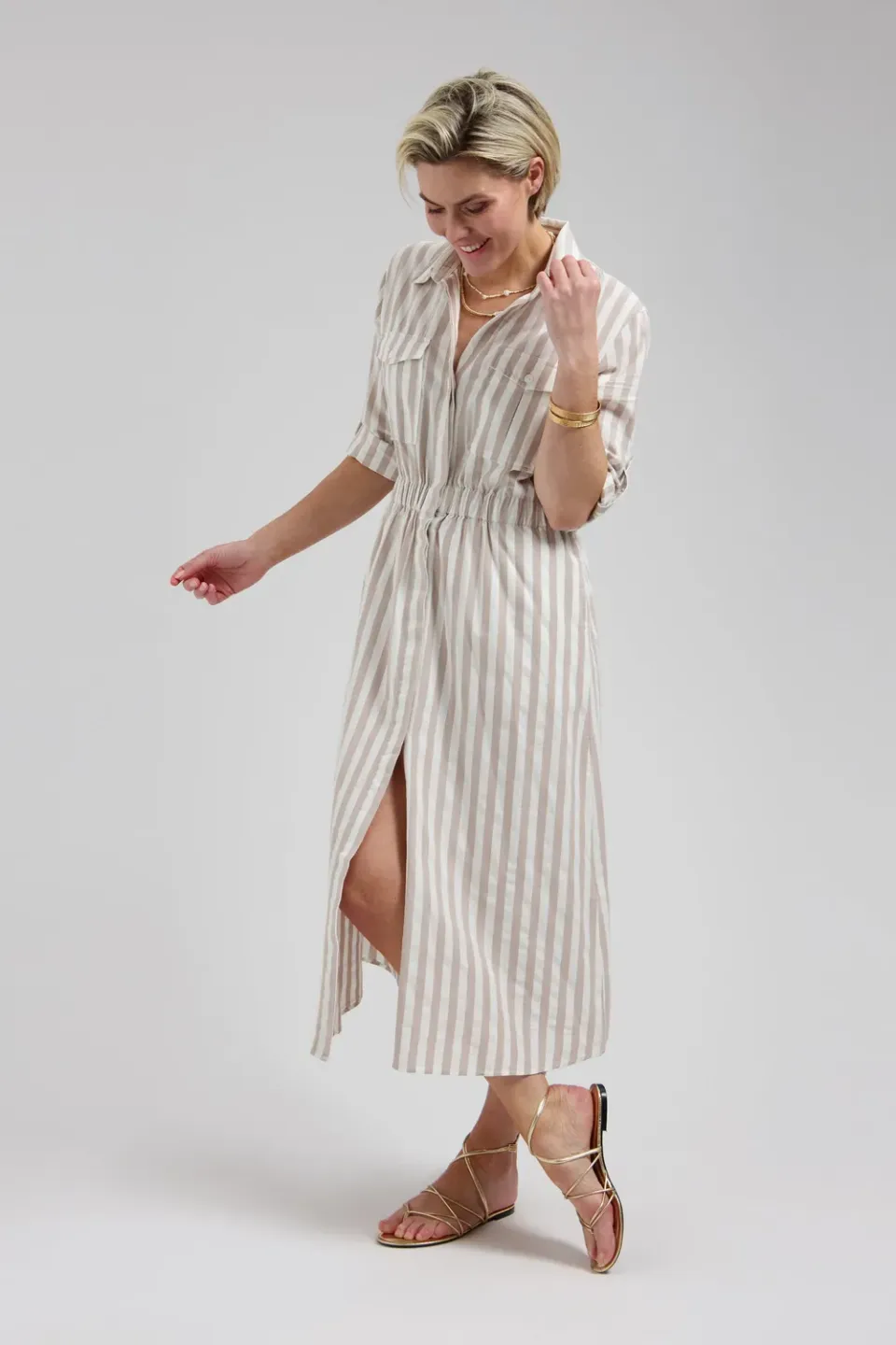 Florez Maya maxi-jurk Sand striped losvallend