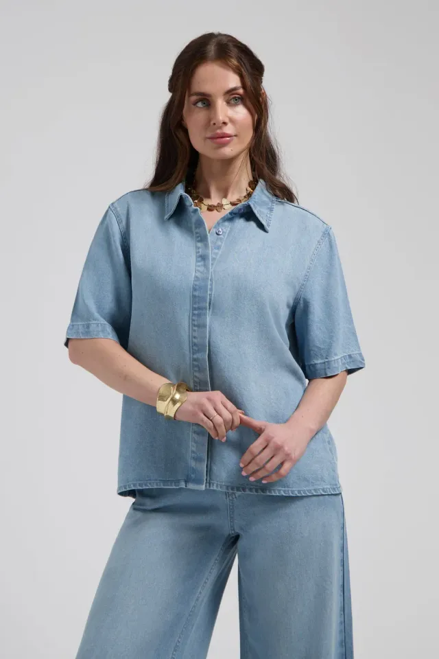 Florez Sylena blouse Mid Blue tencel korte mouw