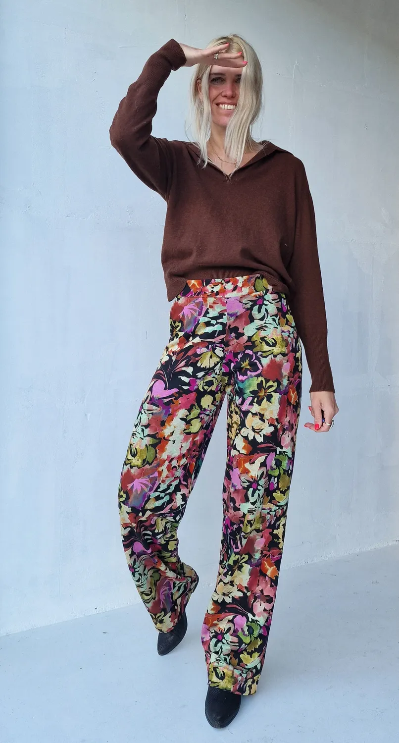 Langeleggings Wide Leg Tall Broek Flowers Black 36