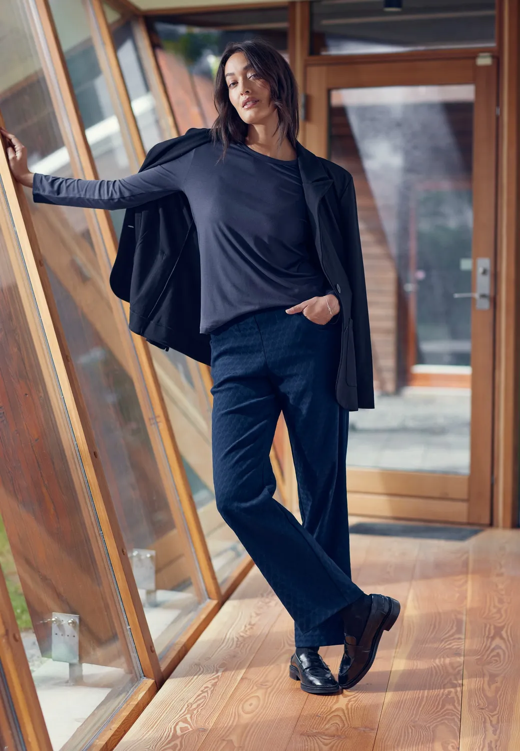 Laurie Tracy Straight SL damesbroek Navy Jacquard stretch