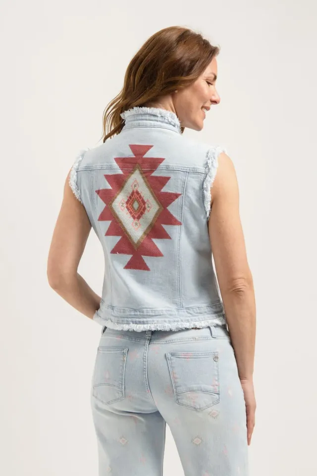 Florez Ginny Aztec gilet bleached denim geborduurd