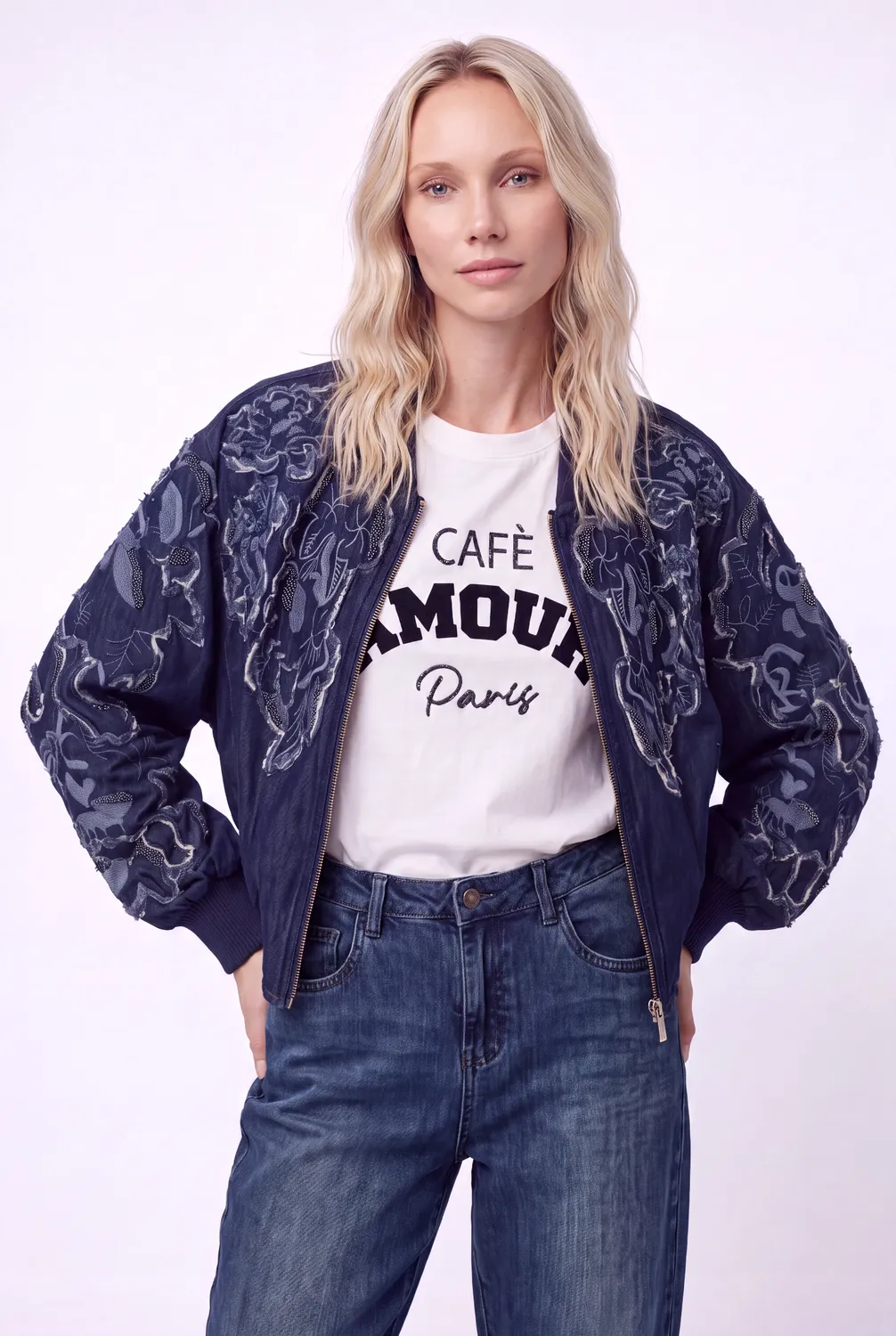 Florez Floral bomber jas multy blue denim