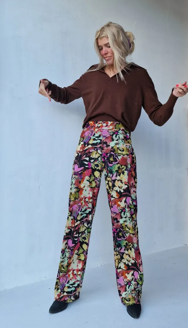 Langeleggings Wide Leg Tall Broek Flowers Black 36