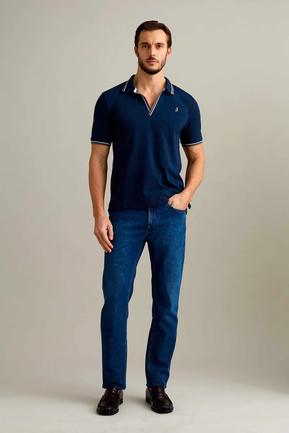 Jeckerson Polo V-Hals Blauw Melange Piqué