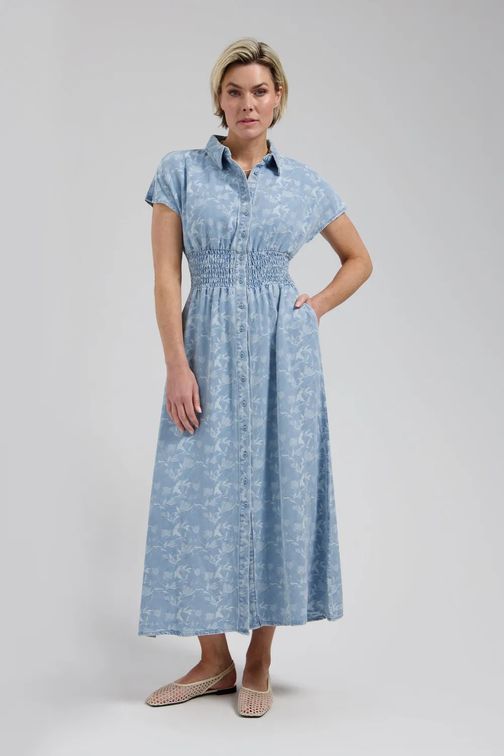 Florez Estelle denim jurk plaited blue gesmokt