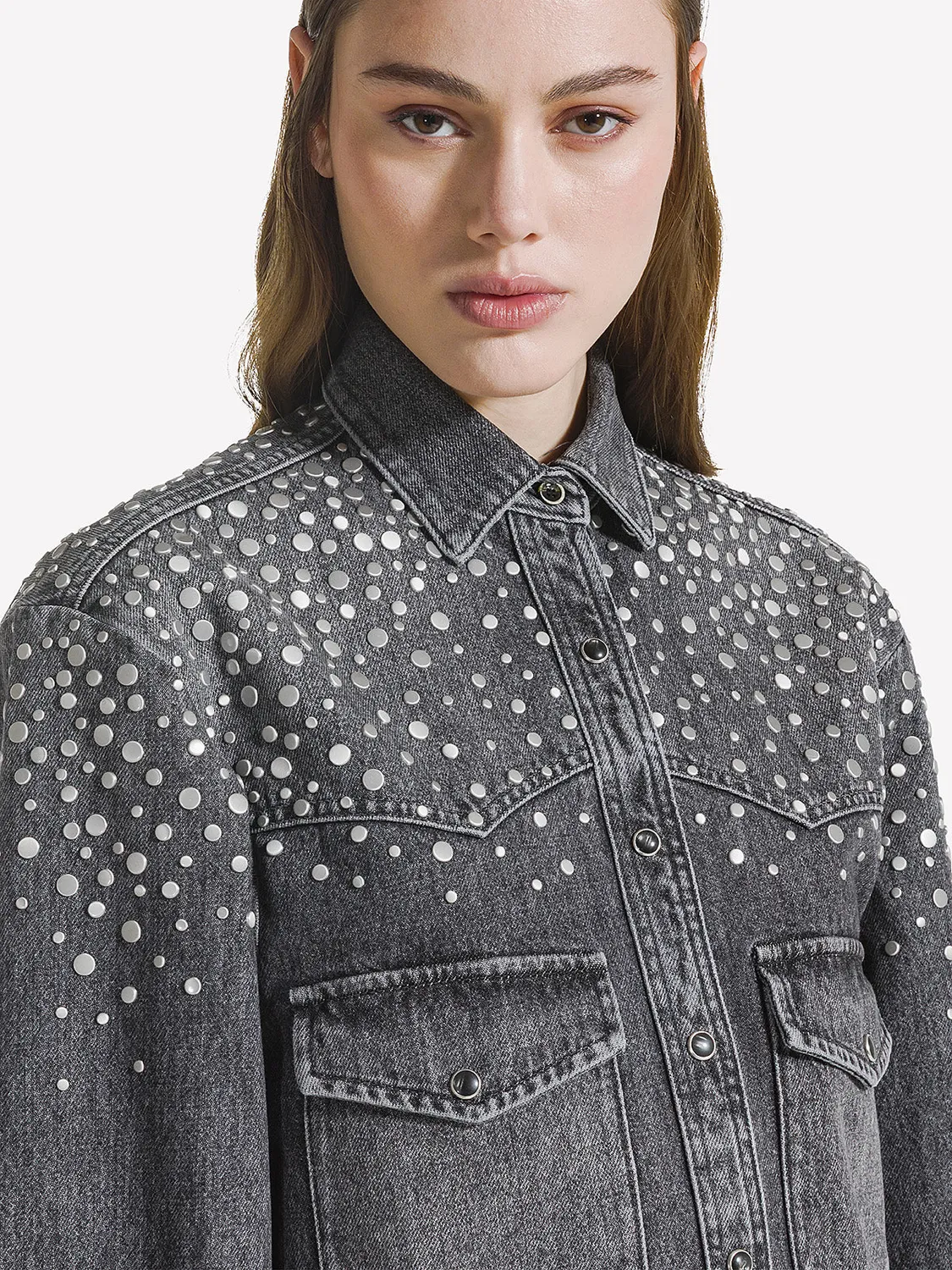 Nine In The Morning Ketty overshirt grijs denim studs katoen