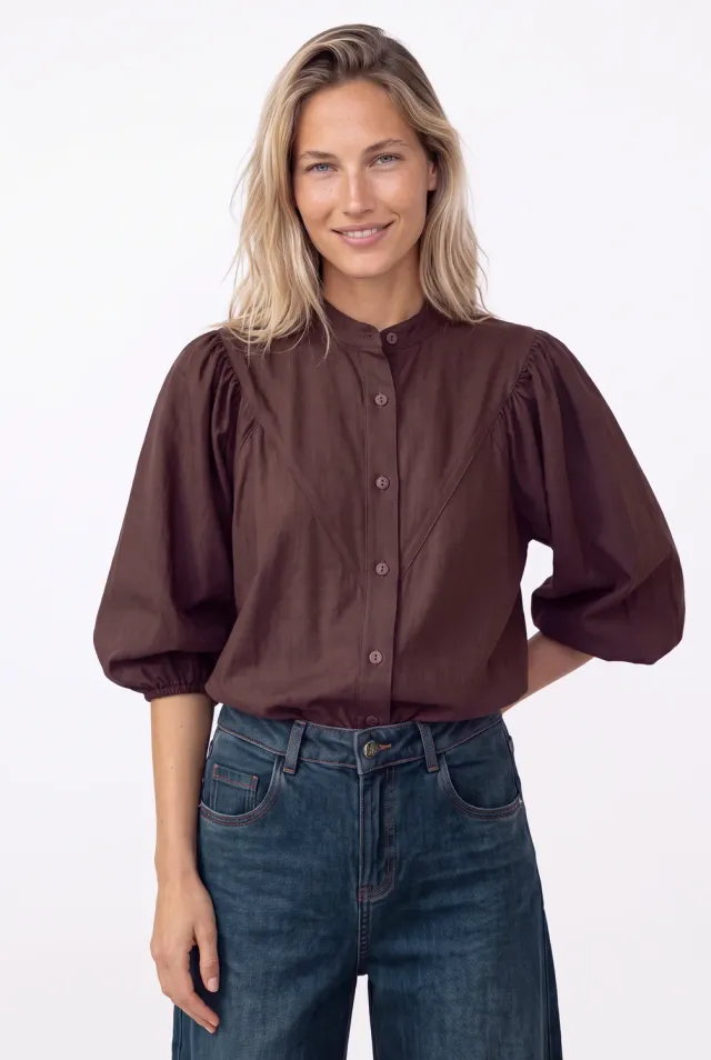 Florez Bibi blouse donkerbruin pofmouw