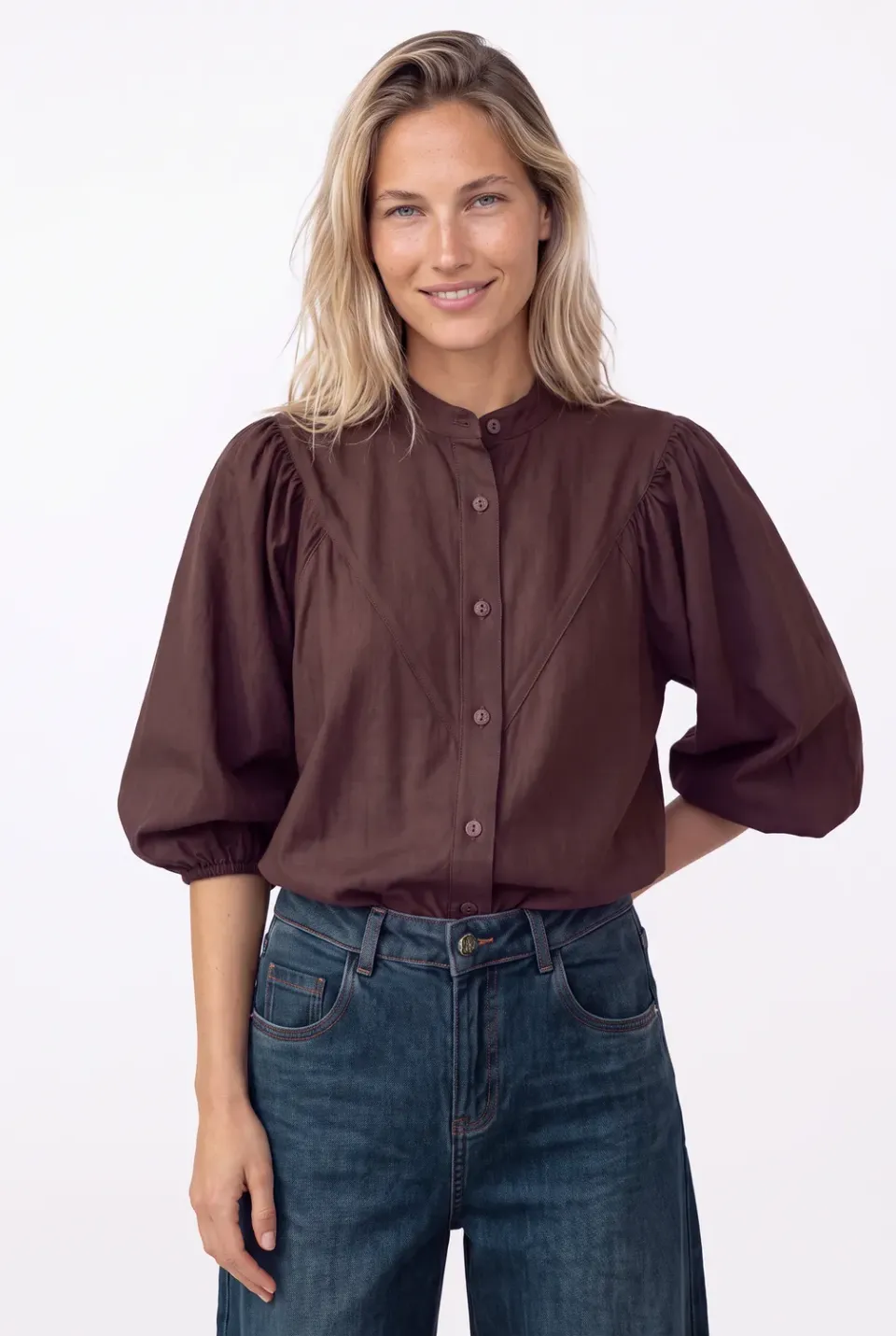 Florez Bibi blouse donkerbruin pofmouw