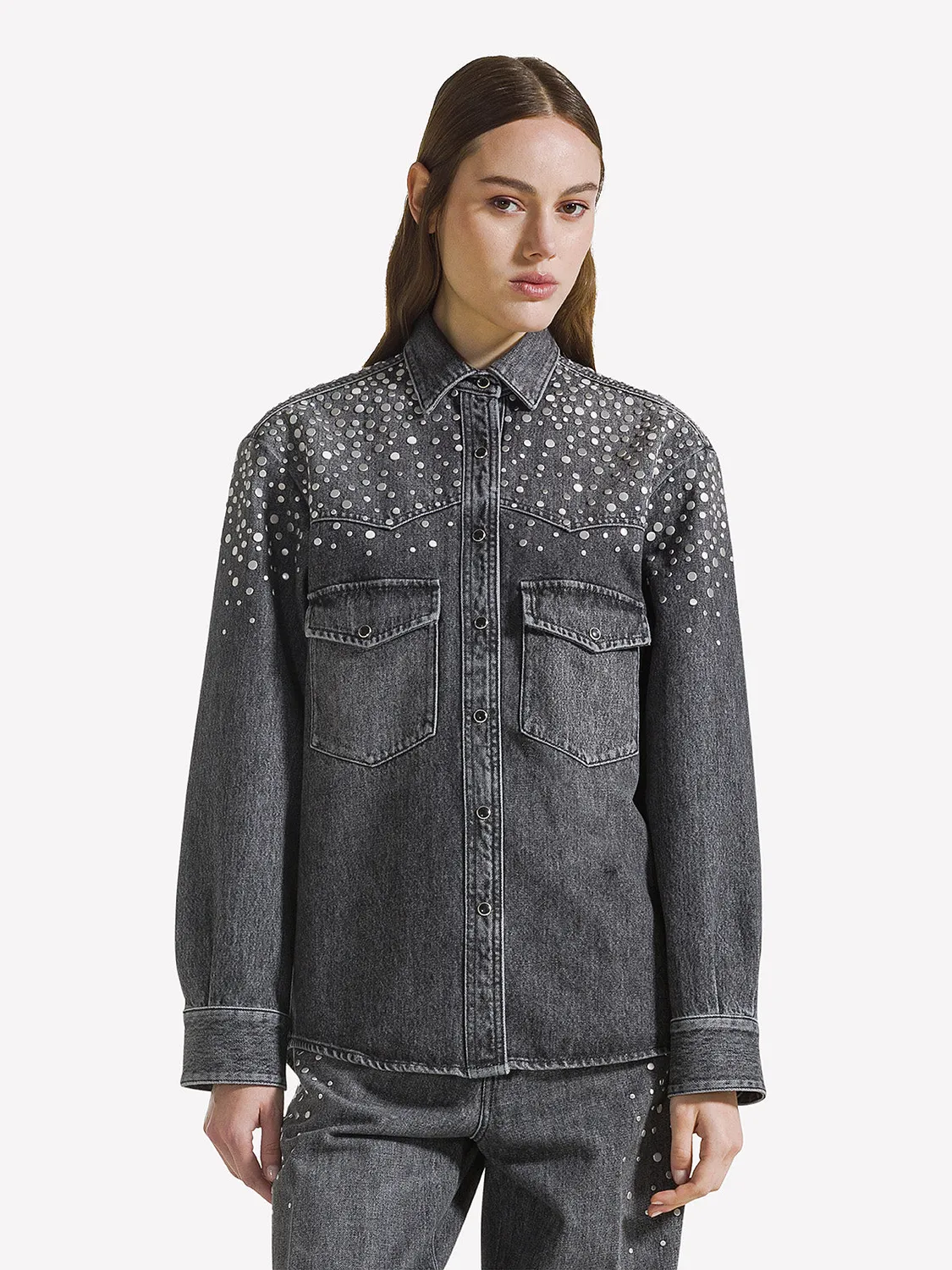 Nine In The Morning Ketty overshirt grijs denim studs katoen