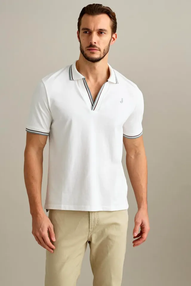 Jeckerson polo V-hals Bianco Lana piquet korte mouw