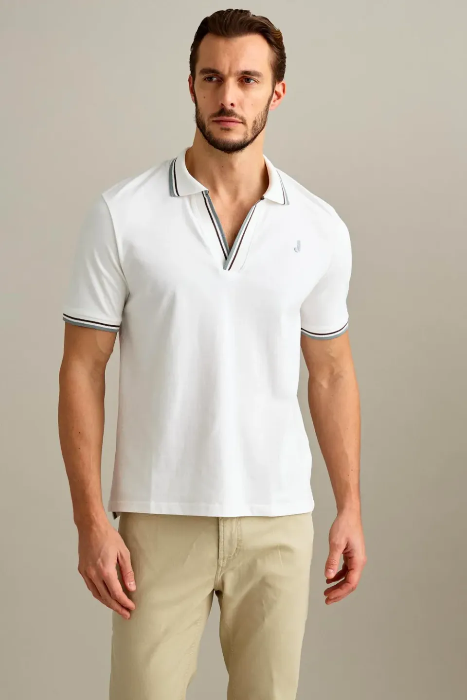 Jeckerson polo V-hals Bianco Lana piquet korte mouw