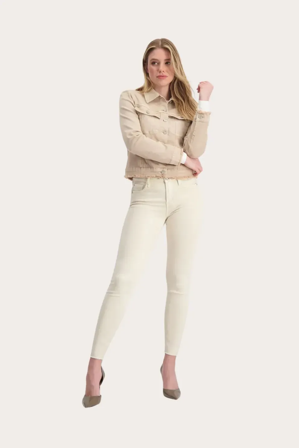 Florez Bobbi Slim Fit jeans Cream gerafelde zoom