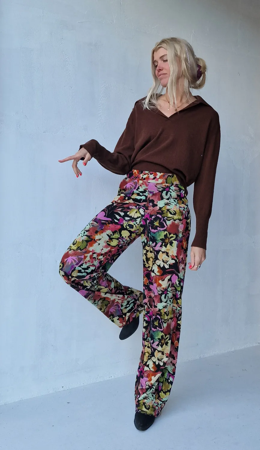 Langeleggings Wide Leg Tall Broek Flowers Black 36
