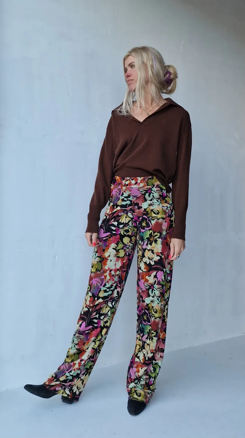 Langeleggings Wide Leg Tall Broek Flowers Black 36