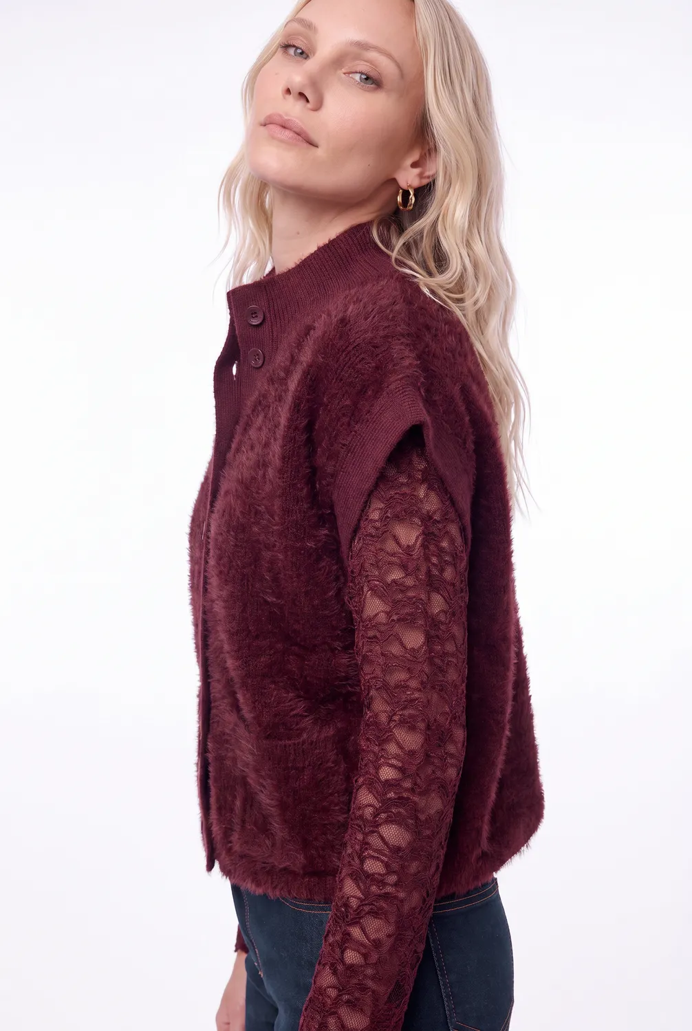Florez Rocky gilet mauve wine fluffy gebreid