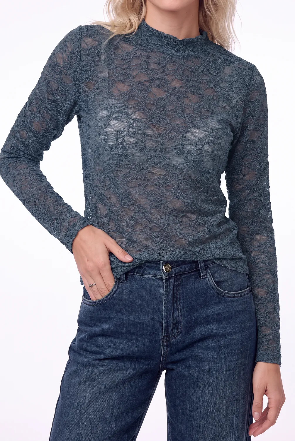 Florez Harper Top kanten top blauw lange mouw